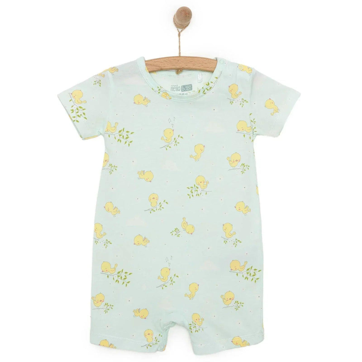 Light blue baby short romper with yellow chick and green sprig print, footless snap legs