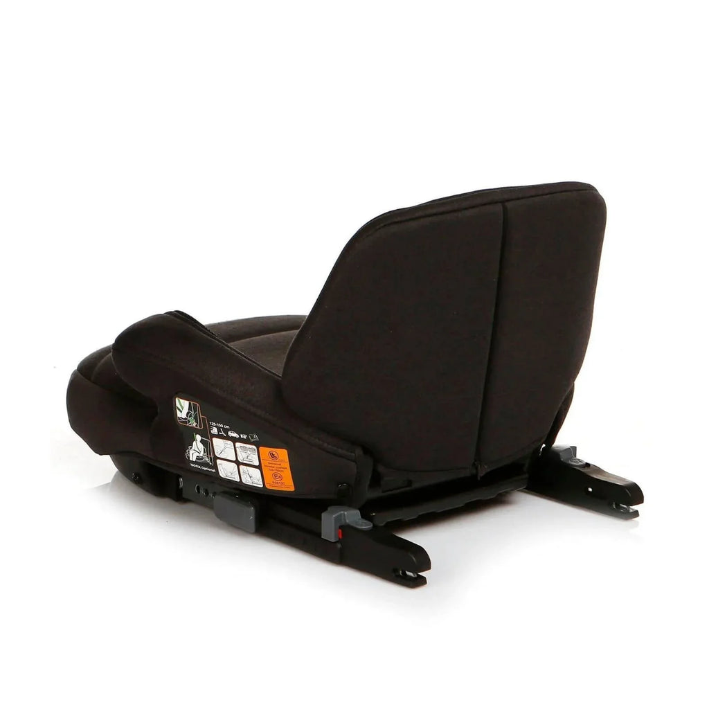 Black booster car seat angled view with safety label and base adjustment