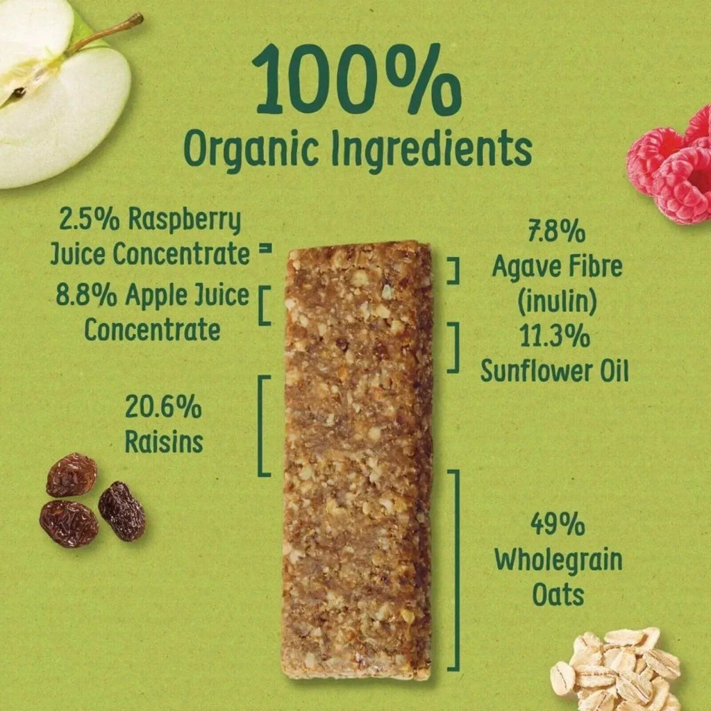 Organix oaty bar ingredients panel: wholegrain oats, raspberry, apple, sunflower oil
