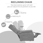 Grey reclining lift chair shown reclined with extended footrest support