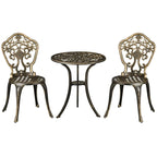 Bronze cast aluminum bistro set with two armless chairs and round coffee table