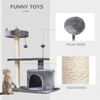 Grey cat tree with hanging plush ball toy and sisal-wrapped scratching posts