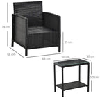 Black PE rattan armchair with seat cushion and matching glass-top bistro table (dimensions)