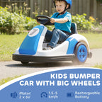 Blue and white kids bumper car ride-on with large wheels and molded seat