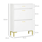 White three-drawer slim shoe cabinet with side dimensions shown