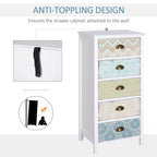 White 5-drawer cabinet with patterned fronts and bronze handles, wall-attachment design