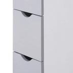 Close-up of gray drawer fronts with curved cutout handles on a white cabinet