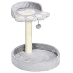 Light grey cat tower with round base, plush top perch, and hanging ball