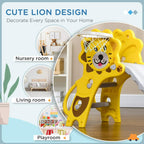 Yellow lion kids slide with basketball hoop, shown in an indoor room layout
