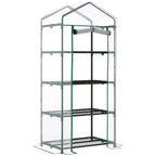 Green mini greenhouse with clear cover and four-tier shelves, metal frame