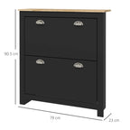 Black 2-drawer shoe cabinet with light wood top and curved metal drawer pulls