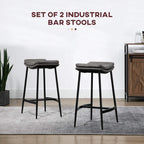 Set of 2 industrial bar stools with grey curved seats and black steel frames