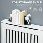 White radiator cover with top storage shelf and vertical slatted front grill.