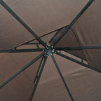 Brown gazebo ceiling with dark metal support ribs and central hub