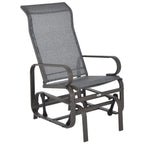Grey fabric gliding rocking chair with brown metal frame and cushioned seat back