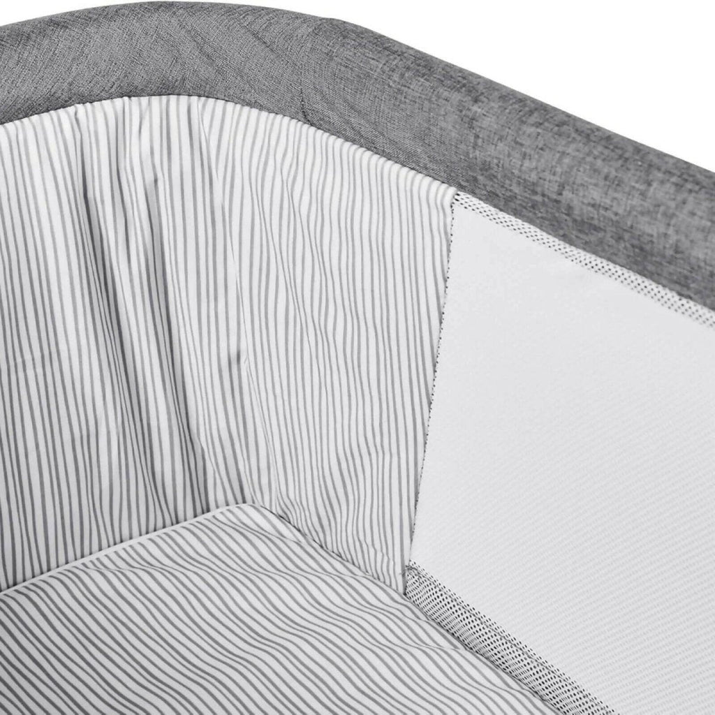 Space Grey mini crib interior with striped fabric lining and padded seat panel.