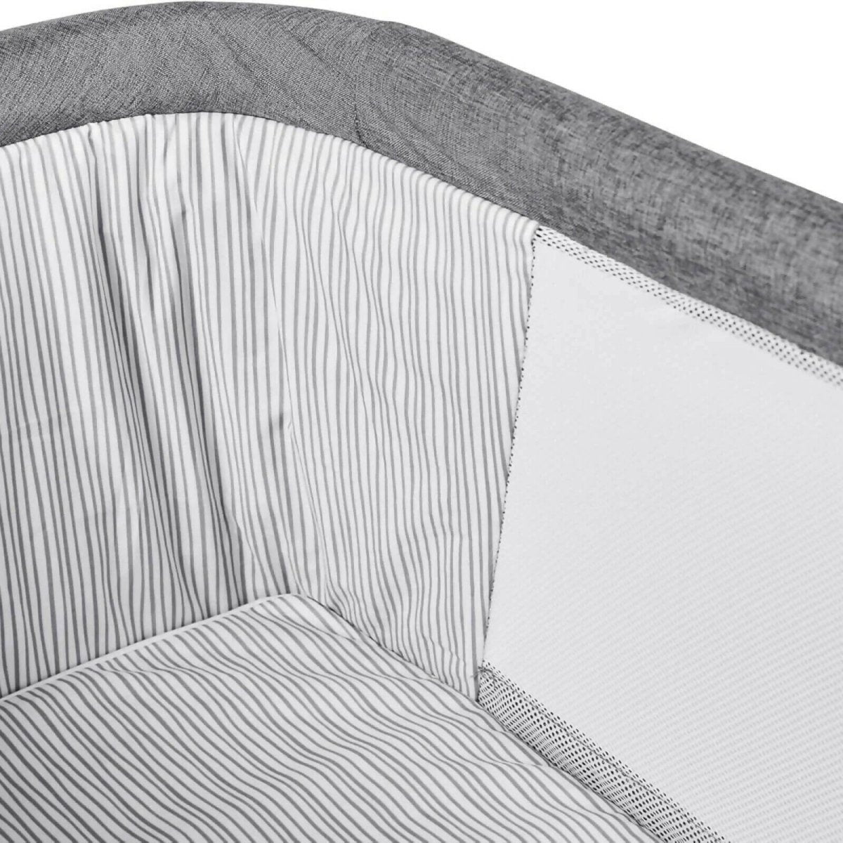 Space Grey mini crib interior with striped fabric lining and padded seat panel.
