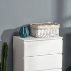 White 5-drawer storage cabinet with one drawer front shown and stacked drawer lines.