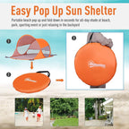 Orange pop-up camping tent with fiberglass frame and round carry bag