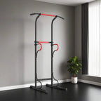 Adjustable height power tower pull-up station with overhead bar and red handles on black steel frame