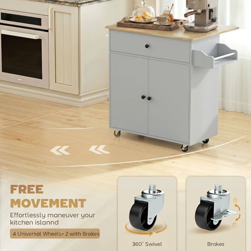 Grey rolling kitchen island cart with drawer, cabinet doors, and side towel/spice rack