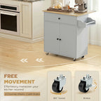 Grey rolling kitchen island cart with drawer, cabinet doors, and side towel/spice rack