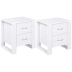 White bedside table set with 2 drawers and curved metal handles, elevated base