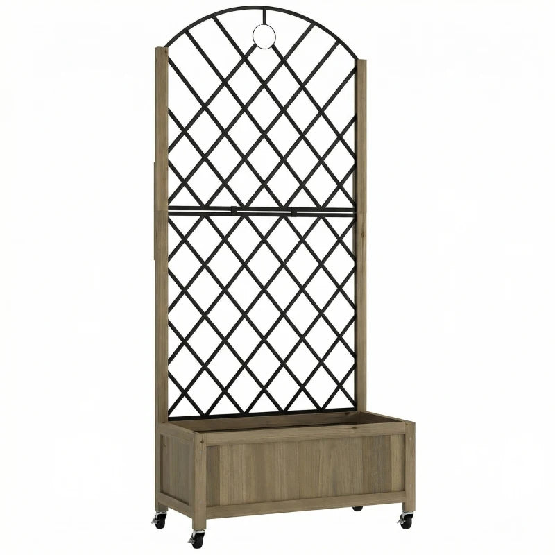 Raised wooden planter box with black metal trellis, arched top, and four caster wheels