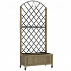 Raised wooden planter box with black metal trellis, arched top, and four caster wheels