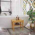 Natural wood slatted shower bench stool near bathtub, with upper top and lower tier.