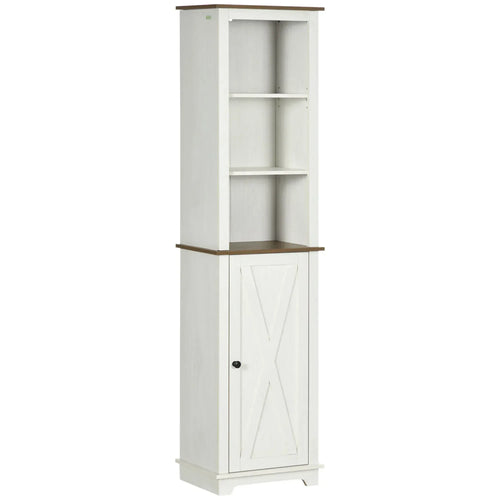 White tall storage cabinet with open shelves and a closed lower door