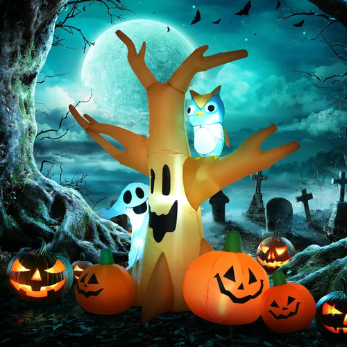 Inflatable Halloween ghost owl tree decoration with pumpkins and glowing LED lights