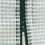 Close-up of greenhouse mesh with zipper track and pull tab on steel frame