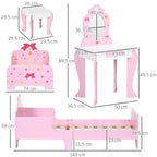 Pink kids princess bed and vanity table set with size measurements