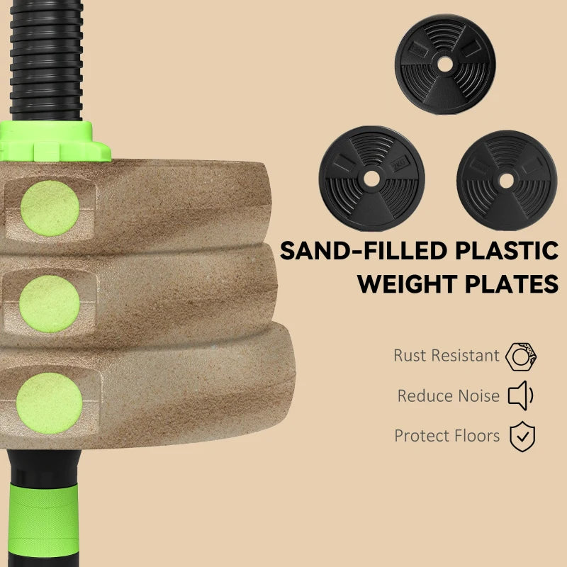 Sand-filled plastic weight plates with black discs and green end caps for adjustable set