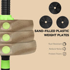 Sand-filled plastic weight plates with black discs and green end caps for adjustable set