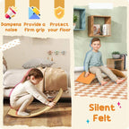 Child kneeling on an orange wooden wobble balance board for gentle sensory play