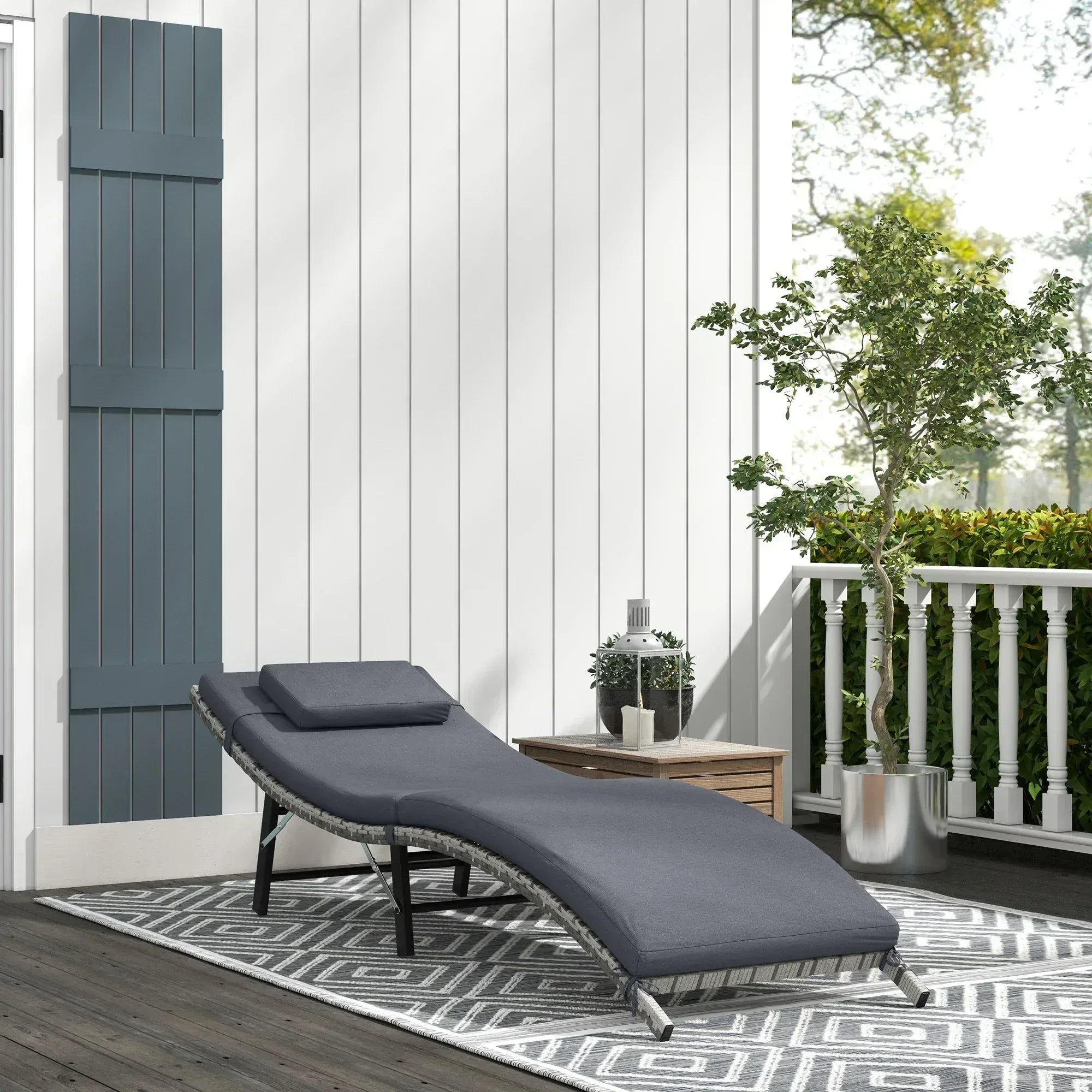Rattan Folding Sun Lounger Outdoor Chair with Cushion and Pillow Grey - Bobobiy