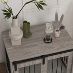 Dog crate furniture tabletop with dark latch handles and front bar opening
