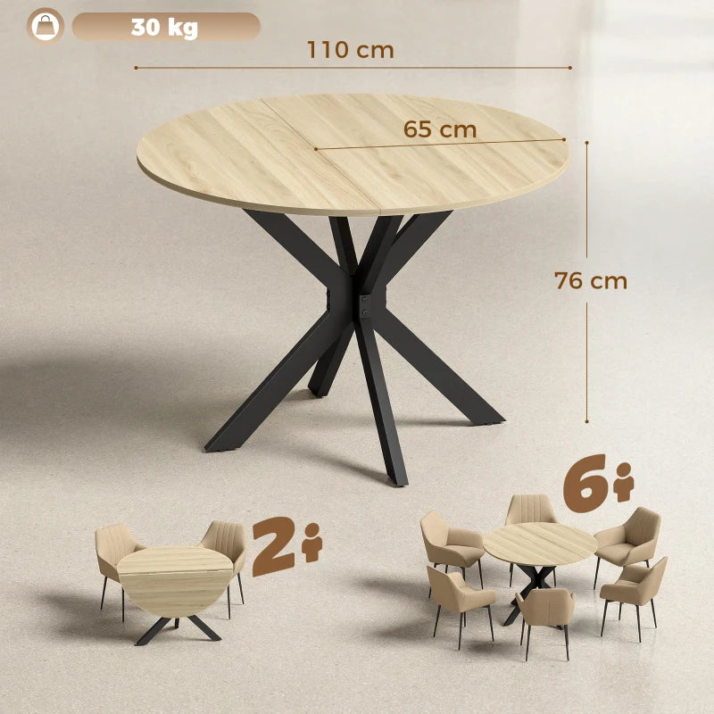 Round drop-leaf dining table with natural wood top and black folding legs
