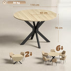 Round drop-leaf dining table with natural wood top and black folding legs