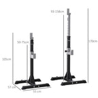 Height-adjustable barbell squat rack with two black bases and silver uprights, safety arms.