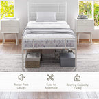 White metal single bed frame with headboard and slatted base; under-bed bins fit underneath