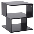 Black square side table with two open storage shelves and smooth wood-grain finish.
