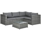 Grey outdoor PE rattan corner sofa set with seat cushions and glass top coffee table
