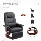 Black reclining swivel chair with wooden circular base and footrest