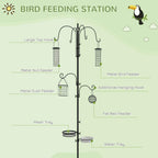 Black bird feeding station pole with multiple hanging feeder baskets and trays