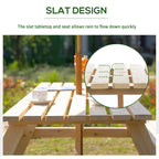 Wooden picnic table bench with slat design for drainage on tabletop and bench