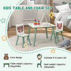 Green kids table and two chairs with bear back panels and colorful art supplies.