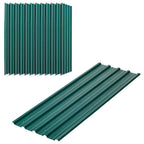 Green corrugated steel roof sheet panels, stacked set with ridged profile